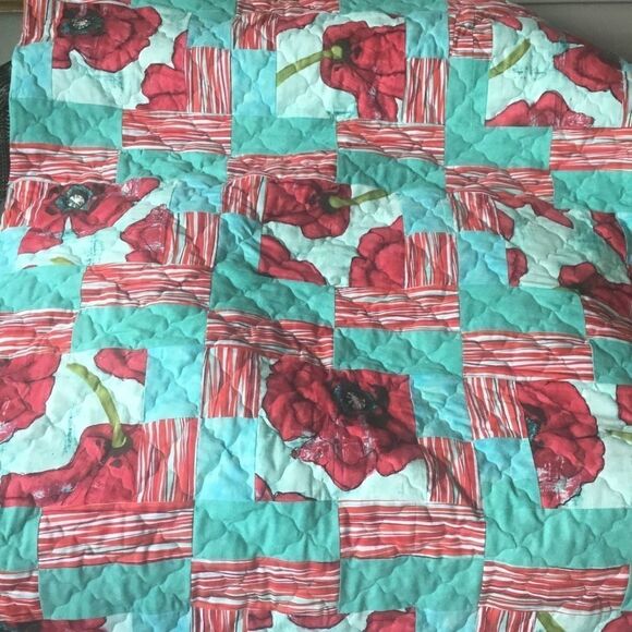 Hand Crafted Quilt Turquoise and Red - Picture 1 of 15